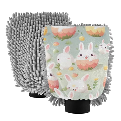 ALAZA Cute Rabbit Bunny Car Wash Mitt Scratch Free, 2 Pack Absorbent Microfiber/Chenille Washing & Drying Mitts, M