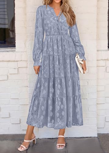 Image of KIRUNDO Spring Wedding Guest Dresses for Women 2026 Maxi Floral Long Sleeve Elegant Ruffle Tiered Flowy Party Long Dress