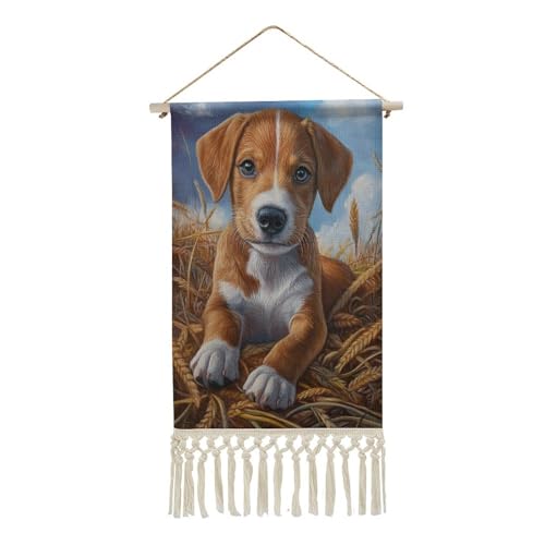 Jubonexis Arazzo da parete in lino, poster vintage da parete con grazioso cucciolo di cane, con nappe e asta in legno per appendere
