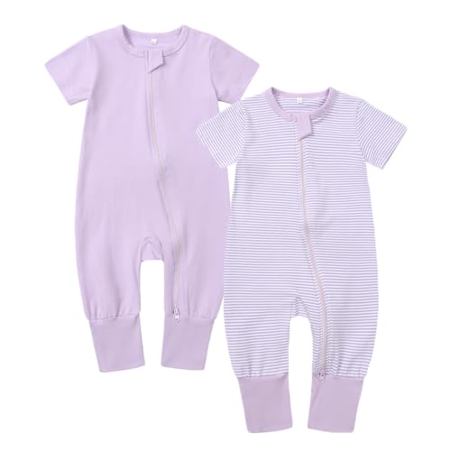 Image of Feidoog Toddler 2 Pack Baby Zipper Rompers Cotton Short Sleeve One Piece Jumpsuit Outfits