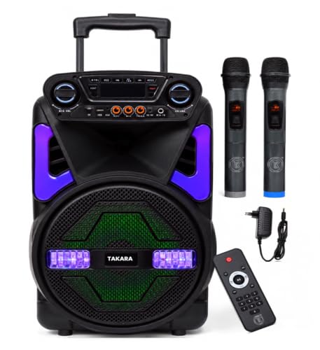 Image of Takara T 7112a Party Karaoke Trolley DJ Speaker Multimedia Bluetooth; Audio Recording; USB; with 2 Wireless Mic; Remote Control; FM with New DJ LED Light (Black)