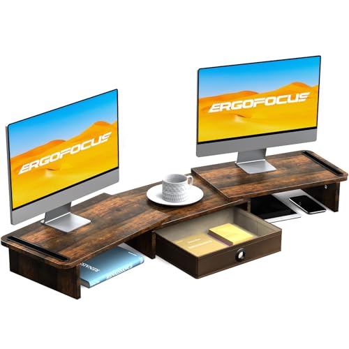 ErgoFocus Dual Monitor Stand Riser with Drawer-Adjustable Length and Angle, Monitor Stand Riser for 2 Monitors, Desktop Organizer Stand for Computer/Laptop/PC/Printer (Rust Brown)
