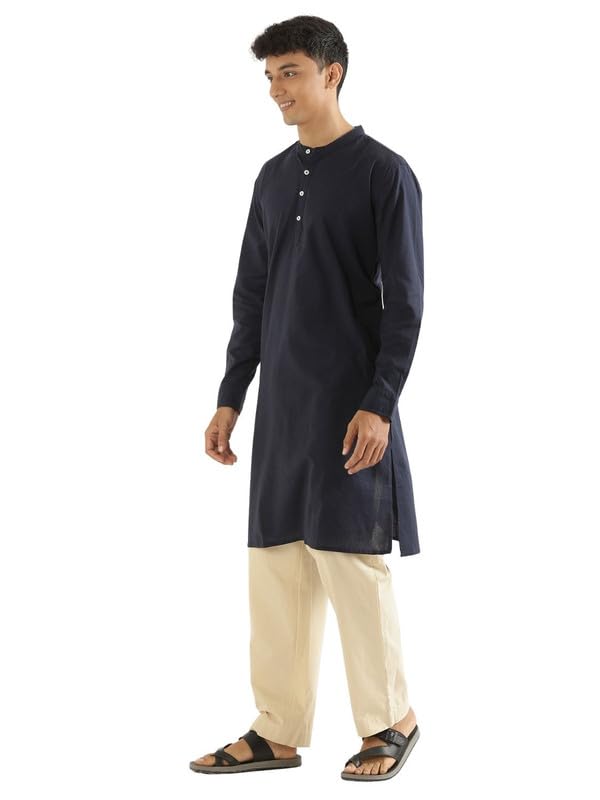 Image of SAADAA Men's Long Kurta - Linen Cotton Blend, Airy Fabric, Regular Fit, Mandarin Collar, Solid Color - Casual, Festive & Ethnic Wear