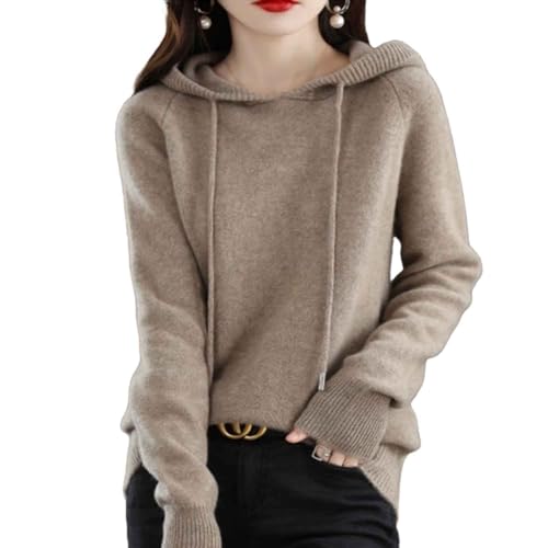La Mejor Recopilación de Sudaderas para Mujer del mes. 41 HYYDHCZ Suéter de Cachemira con Capucha para Mujer, suéter con Capucha de Manga Larga 100% Cachemira para Mujer (M,Light Camel)