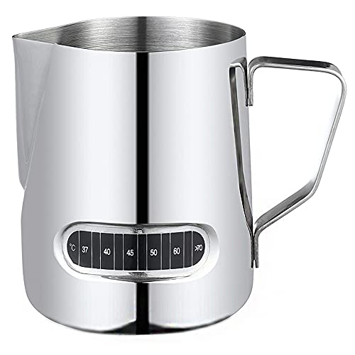 ANCLLO Jarra de espuma para leche con termómetro integrado, Latte Art Jarra de acero inoxidable para crema de temperatura Espresso vaporizador de 600 ml