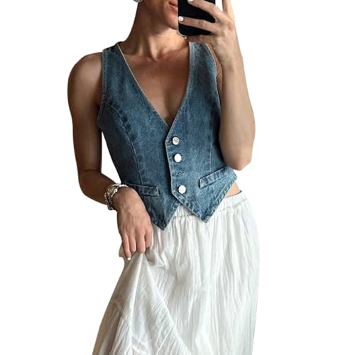 Women Denim Vests Casual Summer Button Front Sleeveless Tank Tops Aesthetic Clothes for Streetwear