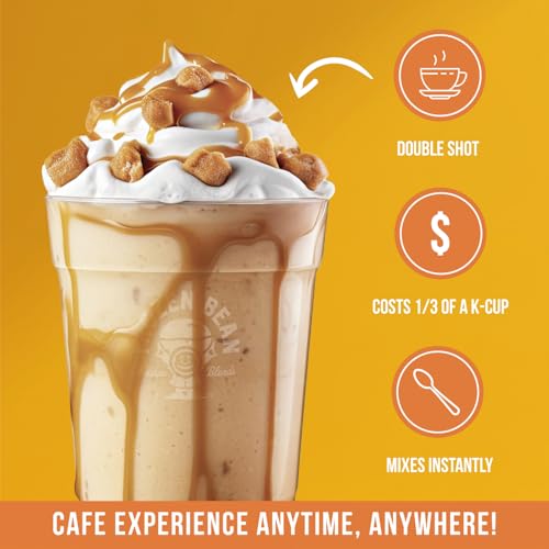 Image of The Frozen Bean Caramel Macchiato Frappe & Latte Instant Mix (20 Sticks), Made with Arabica Coffee, Double Shot Caffeine, Low Sugar & Premium Ingredients, Hot, Iced, or Blended Drinks
