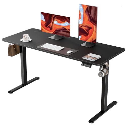 Image of ERGOMAKER Electric Standing Desk 140x60cm (55.1 inchx23.6 inch), Height Adjustable Sit Stand Desk with Splice Board for Home Office, Computer Desk Memory Preset (Black Frame + Black Desktop)