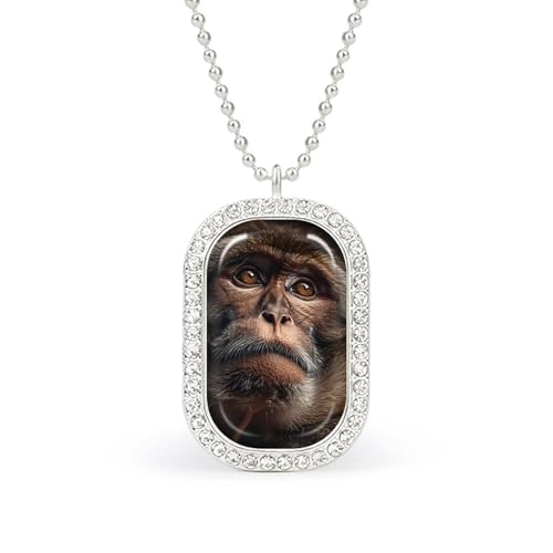 Image of Macaque Monkeys Pendant Necklace for Women Fashion Square Gold Sliver Chain Diamond Bezel Jewelry for Women Men Silver-style