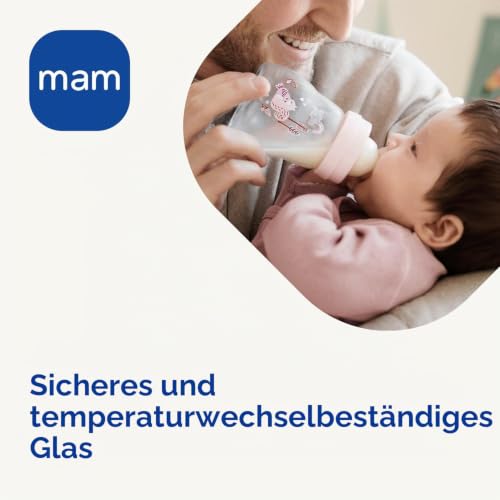 MAM Glasflasche, 2-4 Monate, 260 ml, mit Sauger 2 mit mittlerem Durchfluss aus Silikon, leicht zu reinigen, Blau, 1 Stück – Ansicht 2