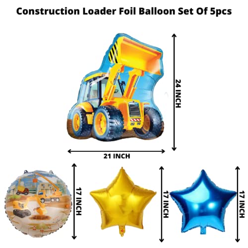 Image of Party Decorz Construction Loader Foil Balloon Set Of 5pcs(1pcs Construction Loader Balloon+ 2pcs Construction Foil Balloon+2pcs Star Balloon) For Vehicles /Transportation /Construction Theme