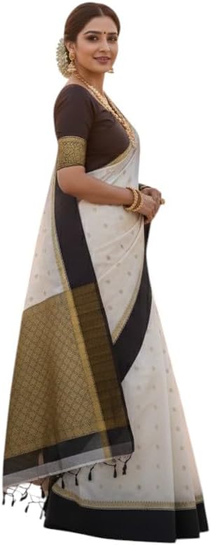 Traditional kanjeevram Saree with Zari Border, beige and Black with Gold Accents