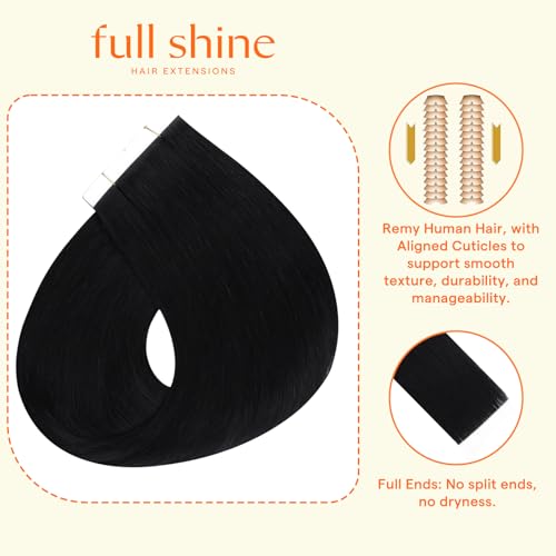 Image of Full Shine Wide Human Hair Tape in Extensions, Jet Black 18 Inch | 75g 15 PCS, Invisible Tape in Hair Extensions, Remy Human Hair, Wide Weft, Full Coverage, Volume Boost, Straight Style