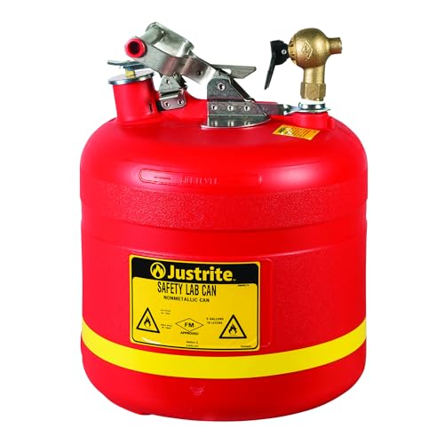 Image of Justrite 14540 Polyethylene Nonmetallic Safety Can with Brass Top Faucet, 5 Gallon Capacity, Red