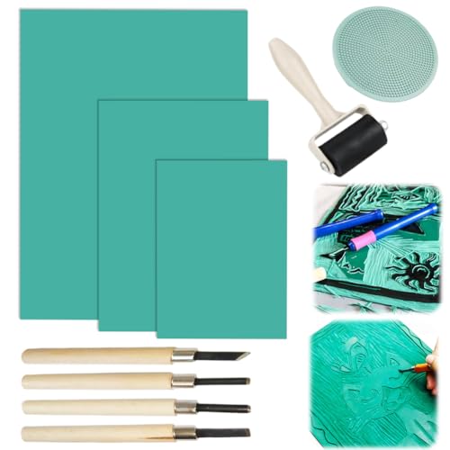 RANJIMA Linoleum Platten Linoldruck Set, Gummistempel Schnitzblöcke A4/A5/A6, Weichgummi Linoldruck Platte zum Gravieren, Flache Oberfläche Linolschnitt Set für Gummi Stempel, Bastel Druckprojekte