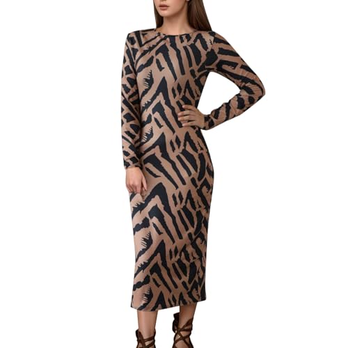 KBOPLEMQ Damen Maxikleid mit Zebra-Print Dress Sexy Partykleid Langes Kleid Gestreiftes Print V Ausschnitt Abendkleid Sexy Bodycon Langarm...