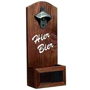 Flesopener muur flesopener met opvangbak | Spreuk: Hier Bier | Vaderdag cadeau-idee | Bieropener voor bar partykelder | Echt hout in vintage look | cadeau mannen voor papa man