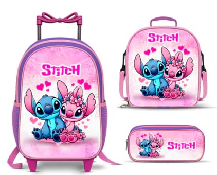Mochila Escolar Infantil Stitch com Rodinhas, Lancheira Térmica e Estojo, Rosa, 40x28x13cm, Kit 3 Peças