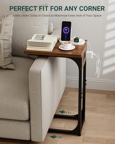 Image of C-Shaped Side Table for Couch - Small Coffee Stand Sofa Tray Desk with Metal Frame Waterproof Scratch Resistant Wood Top and Built-in Charging Station, Rustic Walnut