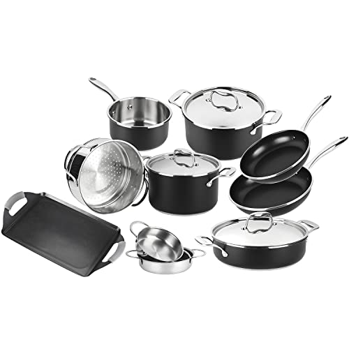 MAGEFESA Prisma 13-Piece Stainless Steel Cookware Set – Durable Pots & Pans with Nonstick Interior, Matte Black Exterior, Oven Safe up to 392°F