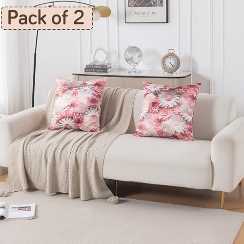 Image of HOKIPO 'Nature Muse 7D' Premium HD Printed Holland Velvet Cushion Cover for Sofa| 22x22 Inch (55x55 cm) | Pack of 2, Blush Bouquet (IN-924-D6*2)