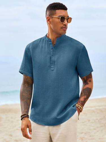 Image of Runcati Mens Casual Henley Shirt Short Sleeve Band Collar Textured Shirts Summer Beach Hippie T-Shirts