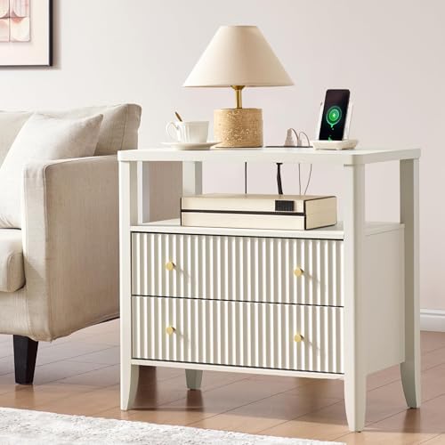 Image of Fluted Nightstand with Charging Station Set of 2, 27.3 inch Wide Modern Bedside Table with 2 Drawers & Open Shelf, Large Wood End Table with Storage & Metal Handle for Bedroom, Cream White