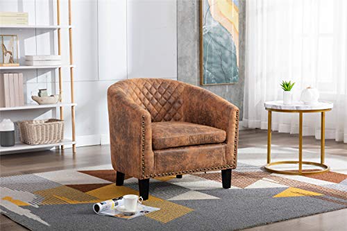 Accent Barrel Chair With Nail Head, Stylish Reading Armchair, Rivet Chair For Waiting Room, Leather Side Chair With Wood Legs,Modern Club Padded Chair For Living Room, Bedroom, Home & Office (Coffee) #TOP1