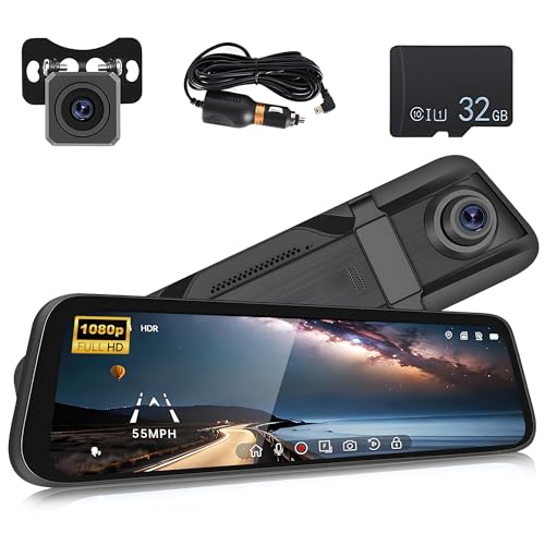 Mirror Dash Cam Car Camera, 9.66 Inch IPS LCD Full HD Smart Rearview Mirror for Cars & Trucks, HDR Front and Rear View Dual Cameras 1080P, Night Vision, Parking Assistance, Loop Recording DVR,32GB TF