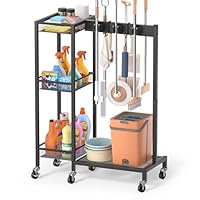 Bikoney Reinigungswagen mit Besen- und Wischmopp-Halter, Mobiler Putzwagen mit Stauraum, Besenhalter & Reinigungszubehör Organizer, Haushaltswagen für Haushalt & Reinigung