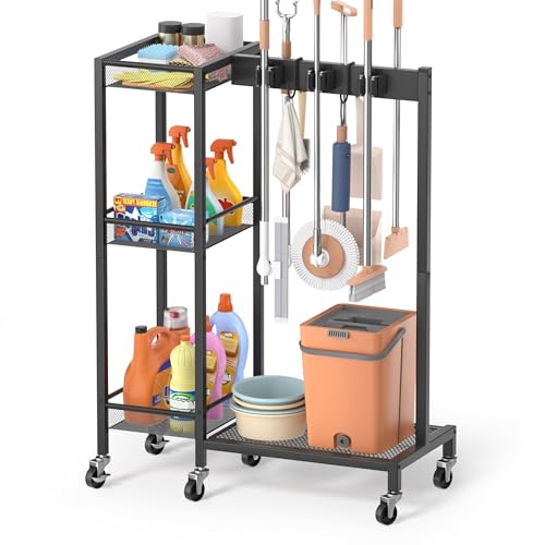 Bikoney Broom Holder and Cleaning Supplies Organizer, Mobile Cleaning Trolley with Mop and Broom Storage,Utility Cleaning Cart Mop Hanger Gripper Rack Hooks, Janitorial Cart for Household Essentials