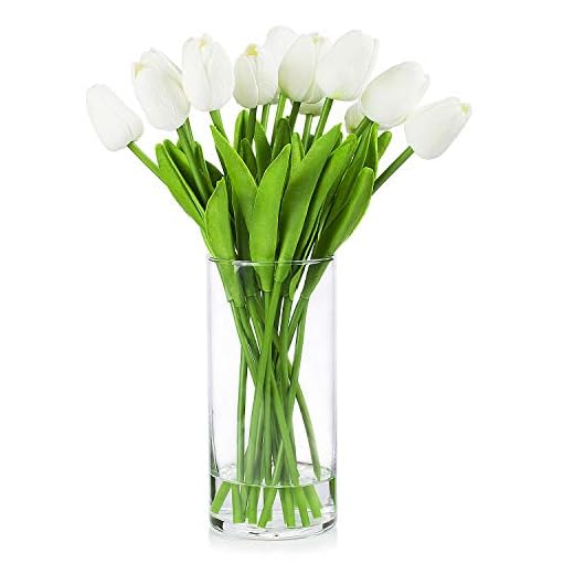 ENOVA HOME Artificial Real Touch Tulips Flower Arrangement in Clear Glass Vase with Faux Water for Home Wedding Decoration (White)