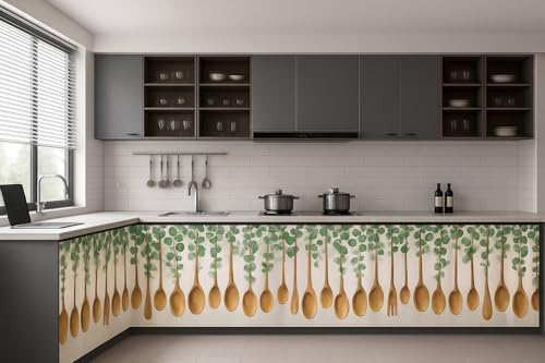 Image of Decorative Sink Curtain for Kitchen | Pack of 2 | 150x70 cm Under-Sink Cover | Printed Fabric Panel with Rod Pocket | Washable Storage-Hiding Curtain for Modern Home Decor (Spoon)