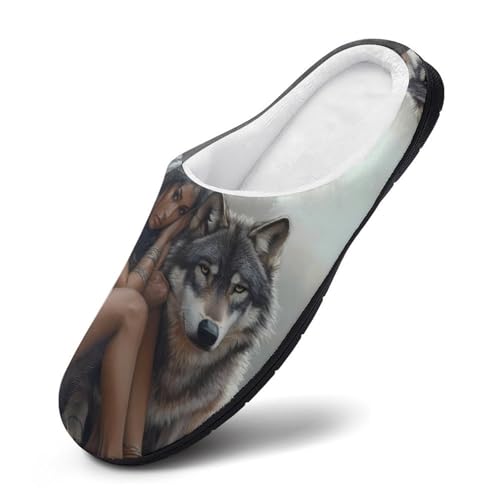 Indian Maiden And Wolf Native Am-erican Womens Cotton Slippers Warm House Shoes for Indoor Outdoor3
