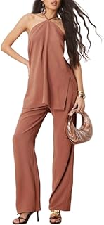 Conjuntos De Dos Piezas para Mujer Que Salen, Color Marrón, Sin Mangas, Cuello Halter, Abertura En La Espalda, Camisola Con Cintura Elástica Y Pantalón Ancho, Conjunto De Verano Sexy par