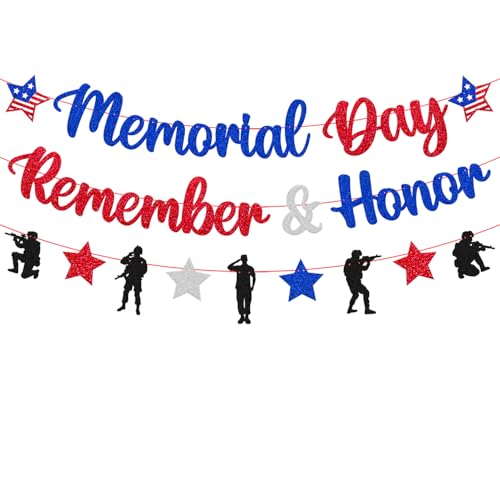 Memorial Day Remember & Honor Banner Happy Memorial Day Decorations Glitter Blue Red Silver Soldier Patriotic Military Army Theme Patriotic Holiday Party Supplies