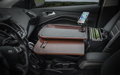 Image of AutoExec GripMaster Car Desk for Your Vehicle Workstation and Mobile Office, Mahogany with 400 watt Power Inverter and Phone Mount