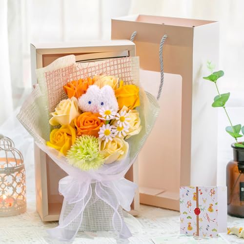 母の日 ソープフラワー 造花 可愛いウサギ バラ カーネーション 花束 枯れない花 誕生日父の日 母の日ギフト 誕生日プレゼント 女性 人気 お祝い 退職祝い 結婚祝い 花 ギフト 敬老の日 トートバッグ付き石鹸花（シャンパン）