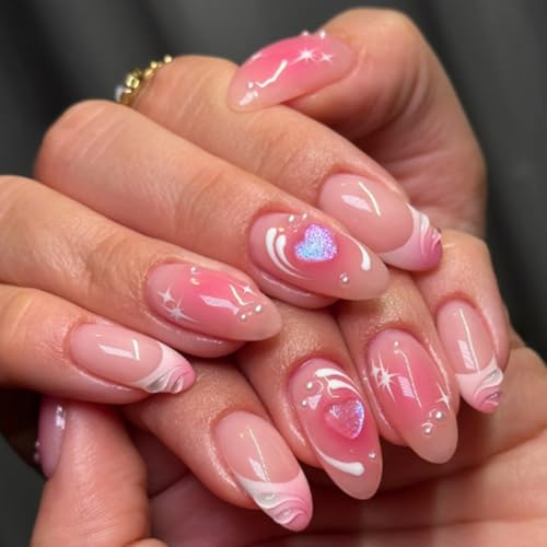 24Pcs Blush Ombre Press on Nails Short Almond Nail Tips WLGDLH French Fake Nails Press ons Nude False Nails Acrylic Nail Art Kit 3D Heart Pearl Design Full Cover Glossy Glue on Nails for Ma'am