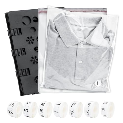 Shirt Folder - Complete Kit with 11x14 Inches Folding Board, 100 Shirt Bags for Small Business, 3500 PCS Multi Size Stickers & Instructional Guide for Efficient Home and Retail Clothing Organization