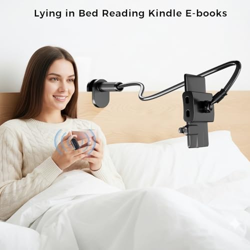 Locthal Kindle Holder with Page Turner Ring, Tablet Holder for Reading Acessories in Bed with Remote Clicker, eReader Stand Compatible with Fire iPad iPhone - 5