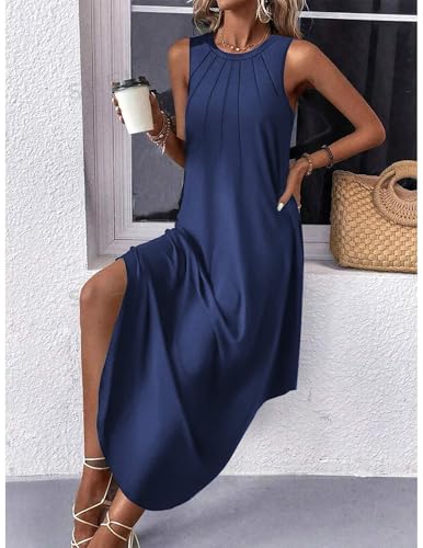 Image of Zeagoo Women Floral Summer Casual Beach Printed Tank Dress with Pockets Pleated Front Long Dress
