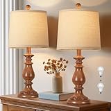 QiMH Farmhouse Table Lamp Set of 2, Rustic Table Lamps for Living Room, Vintage Nightstand Lamp with Rotary Switch, Beside Lamps for Bedroom, Traditional Table Lamps with Linen Shade, Wood Grain