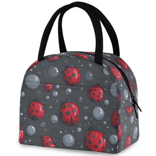 ZzWwR Stylish Ladybug Water Drop Reusable Lunch Tote Bag with Front Pocket Insulated Thermal Cooler Container Bag for Back to School Work Travel Fishing Picnic Beach