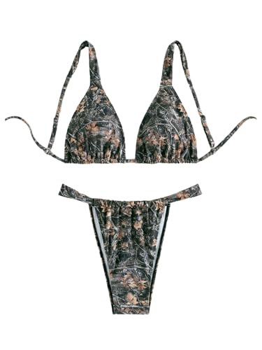 MakeMeChic Women's Camo Bikini Set Triangle Tie Backless Thong Bathing Suit Two Piece Swimsuits