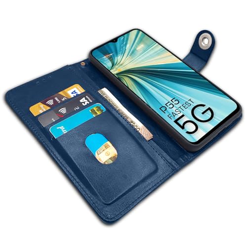 Image of Pikkme itel P55 5G Flip Cover Leather Finish | Inside TPU with Card Pockets | Wallet Stand and Shock Proof | Complete Protection Button Flip Case (Blue)