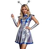 Generisch 3 unidades de disfraz de extraterrestre para mujer, vestido mini vestido con mangas para la cabeza, vestido metálico, plateado, espacio/astronauta, disfraz de galaxia, carnaval, fiesta