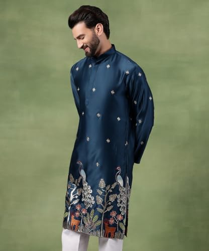 Image of SOJANYA (Since 1958 Men's Cotton Silk Flora & Fauna Embroidered Long Kurta