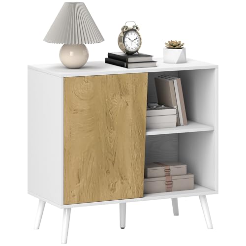 HOMCOM Credenza Buffet con Armadietto e Vano Portaoggetti con Ripiani Regolabili su 3 Livelli, Mobile Moderno con Gambe in Legno di Pino, 80x39x76 cm, Bianco