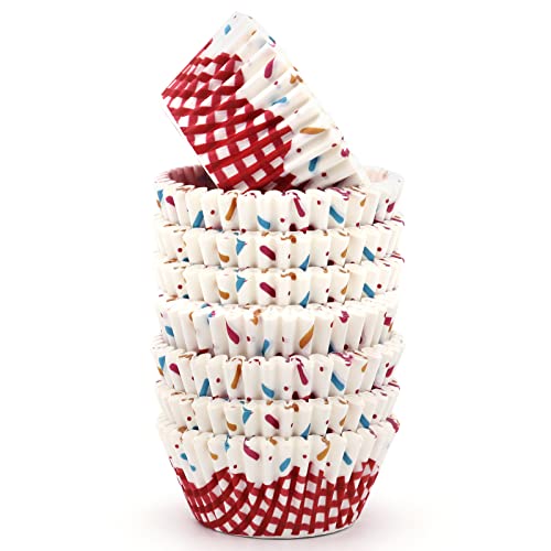 STARUBY Caissettes à Cupcakes en Papier, Lot de 200 Moules de Cuisson Antiadhésif et Jetables, Cupcake Papier à Muffins et Cupcakes, Taille Standard Beignet à Carreaux Rouge Avec Miettes De Bonbons Cover